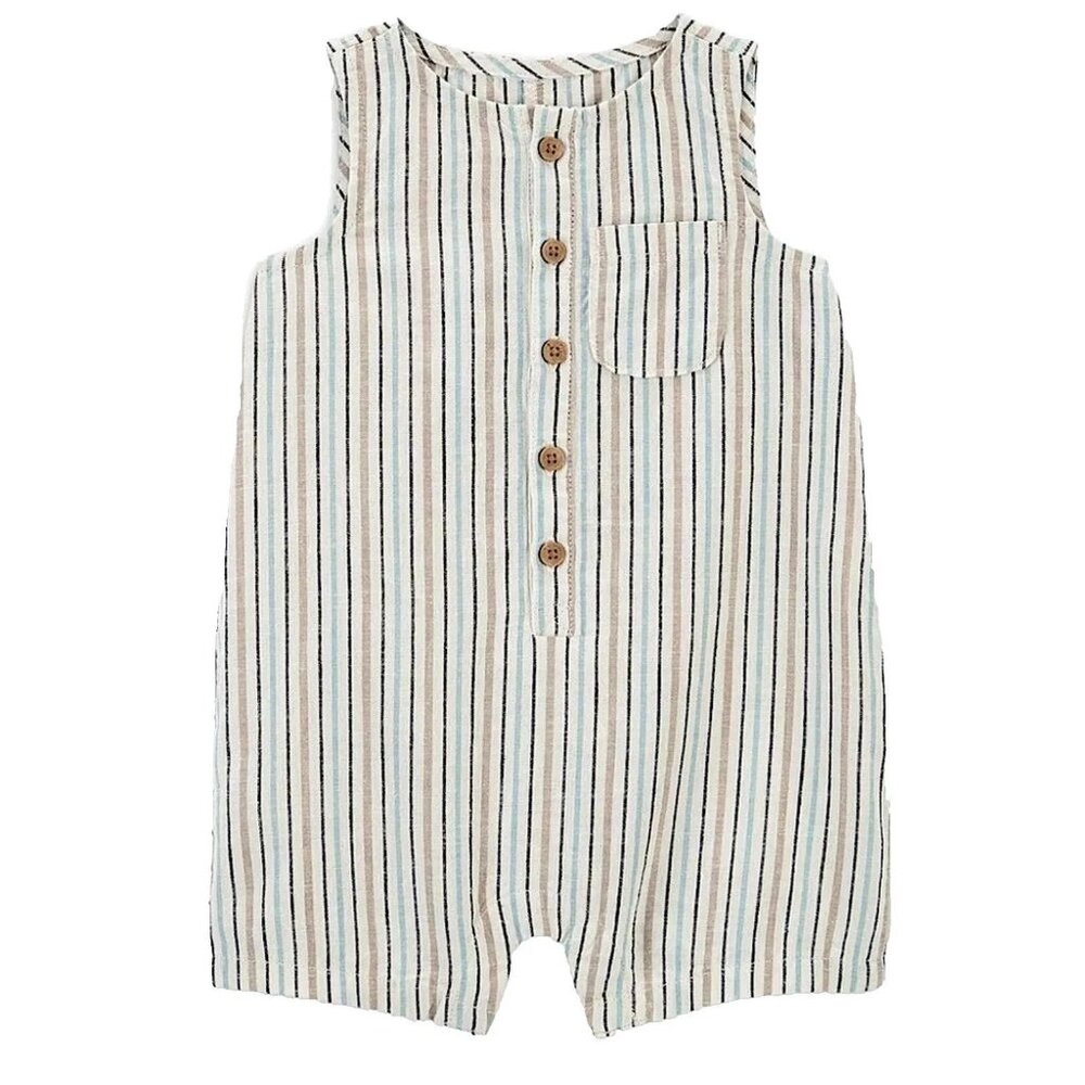 NWT Carters Child of Mine Baby Boy Striped Linen Henley Romper One Piece 12M